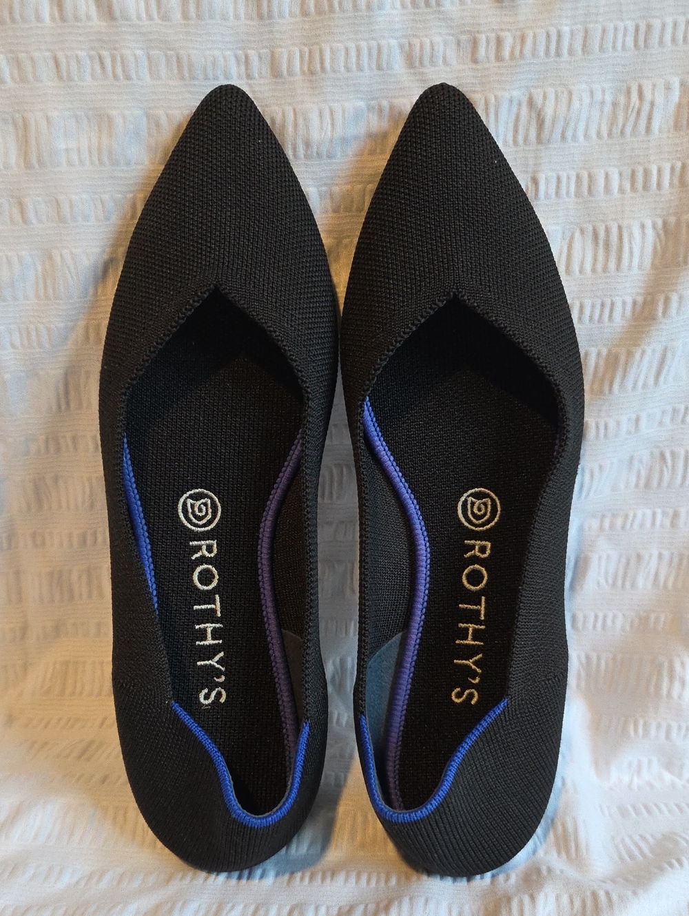 Rothy's Black Pointed Knit Flats with Blue Trim
